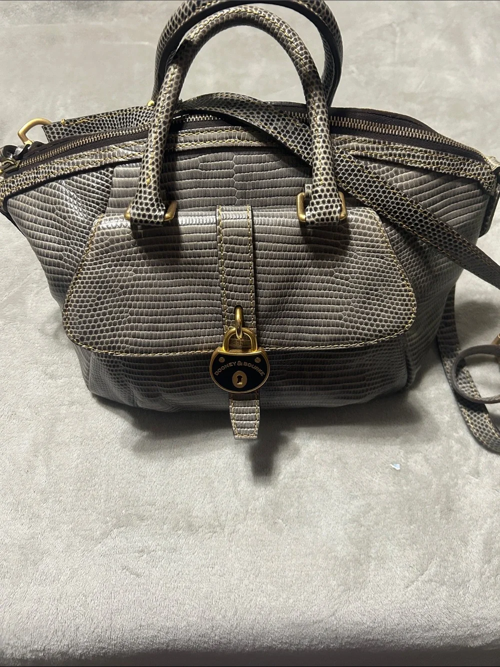 Dooney & Bourke Gray Lizard-Embossed Satchel with Gold Hardware